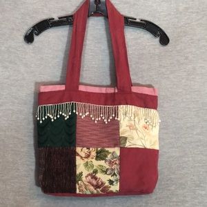 Unbranded Handmade Tapestry Fabric Tote with Pearl Like Trim with Magnetic Snap
